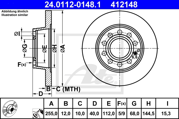 ATE Bremsesæt, skivebremser 142022292 bagaksel fuld 255mm 12mm for SKODA VAG