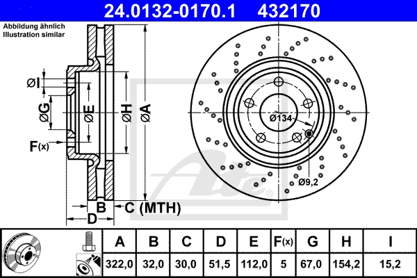 ATE Bremsesæt, skivebremser 142042608 foraksel perforeret/ventileret 322mm 32mm for MERCEDES-BENZ