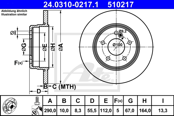 ATE Bremsesæt, skivebremser 142042672 bagaksel fuld 290mm 10mm for MERCEDES-BENZ CHRYSLER