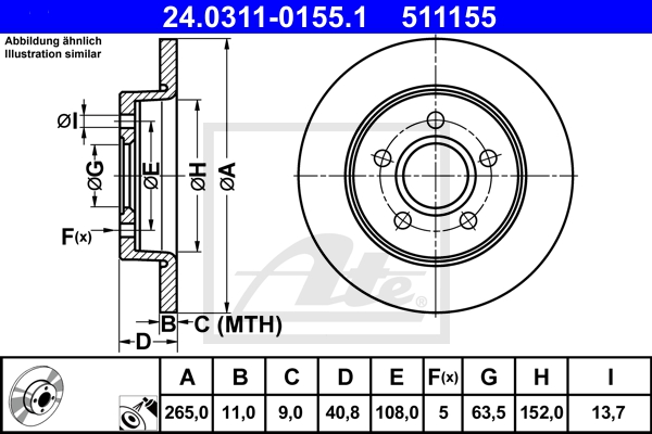ATE Bremsesæt, skivebremser 142042707 bagaksel fuld 265mm 11mm for FORD VAUXHALL OPEL VOLVO GENERAL MOTORS MAZDA