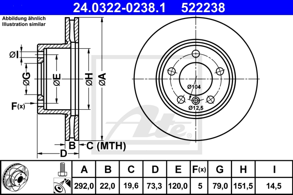 ATE Bremsesæt, skivebremser 142042907 foraksel ventileret 292mm 22mm for BMW MINI