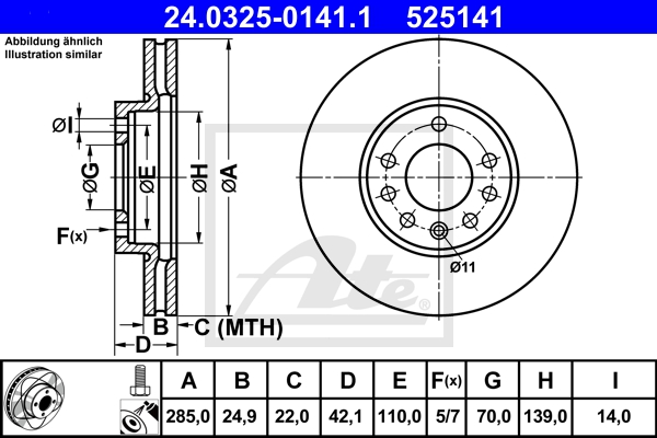 ATE Bremsesæt, skivebremser 142043001 foraksel ventileret 285mm 24mm for OPEL SAAB FIAT