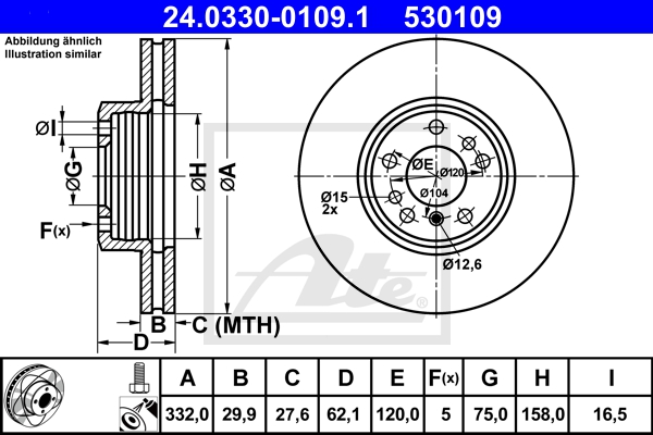 ATE Bremsesæt, skivebremser 142043081 foraksel ventileret 332mm 29mm for BMW