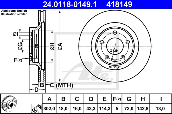 ATE Bremsesæt, skivebremser ijf141e6g1 bagaksel ventileret 302mm 18mm for MAZDA SUZUKI