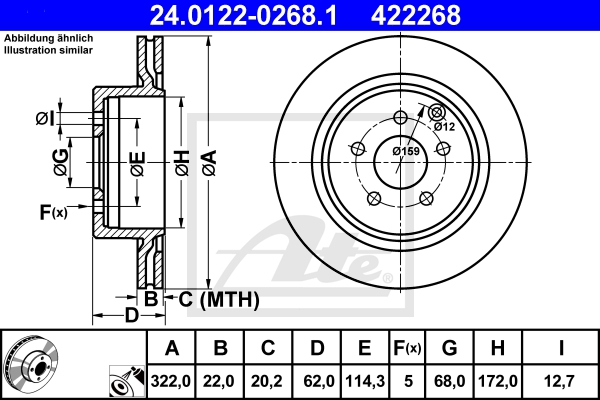 ATE Bremsesæt, skivebremser ijf141ein3 bagaksel ventileret 322mm 22mm for SUBARU NISSAN