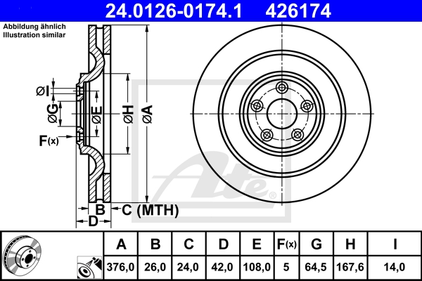 ATE Bremsesæt, skivebremser ijf141h1x6 bagaksel ventileret 376mm 26mm for JAGUAR