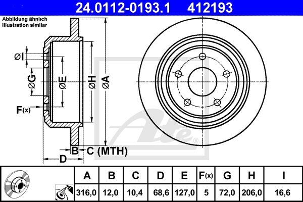 ATE Bremsesæt, skivebremser ijf141hay6 bagaksel fuld 316mm 12mm for JEEP