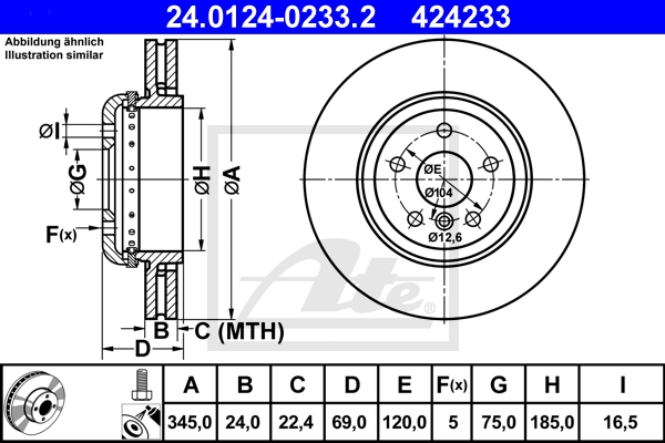 ATE Bremsesæt, skivebremser ijf141hdq6 bagaksel ventileret 345mm 24mm for BMW