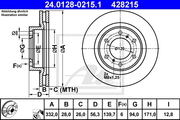 ATE Bremsesæt, skivebremser sg000008a7 foraksel ventileret 332mm 28mm for MITSUBISHI TOYOTA