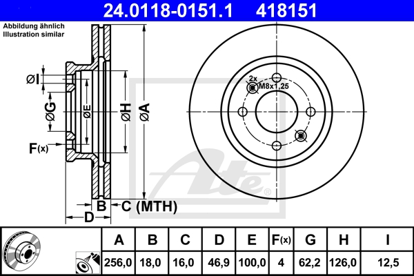 ATE Bremsesæt, skivebremser sg000008b7 foraksel ventileret 256mm 18mm for KIA HYUNDAI