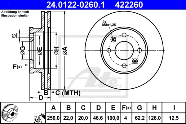 ATE Bremsesæt, skivebremser sg000008c2 foraksel ventileret 256mm 22mm for HYUNDAI