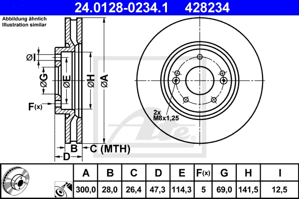 ATE Bremsesæt, skivebremser sg000008e0 foraksel ventileret 300mm 28mm for KIA