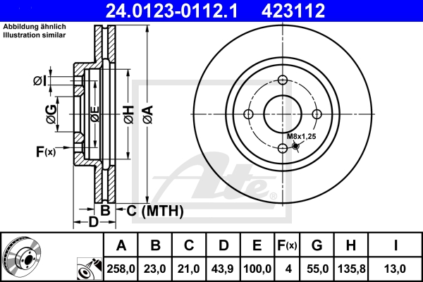 ATE Bremsesæt, skivebremser sg00000b4c foraksel ventileret 258mm 23mm for MAZDA SUZUKI DAIHATSU