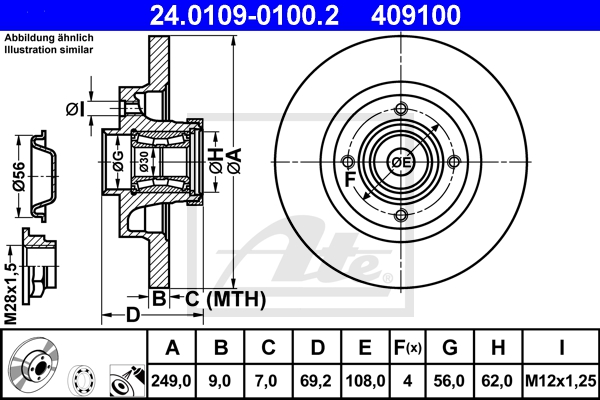 ATE Bremsesæt, skivebremser sg00000b51 bagaksel fuld 249mm 9mm for PEUGEOT VAUXHALL OPEL CITROËN