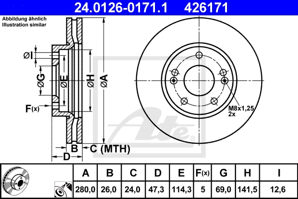 ATE Bremsesæt, skivebremser sg00000cgz foraksel ventileret 280mm 26mm for KIA HYUNDAI