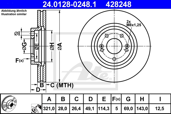ATE Bremsesæt, skivebremser sg00000cho foraksel ventileret 321mm 28mm for HYUNDAI KIA