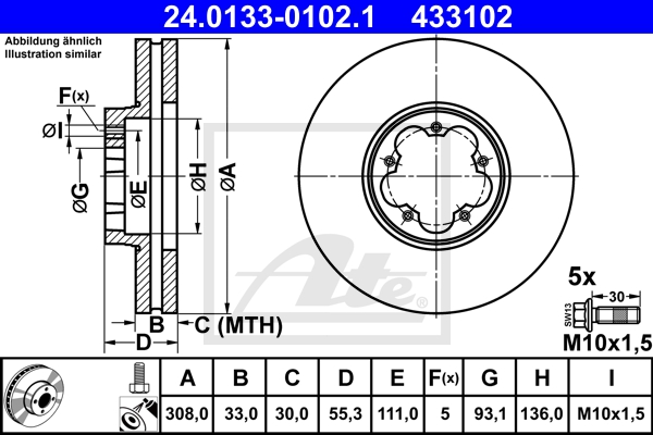 ATE Bremsesæt, skivebremser sg00000chq foraksel ventileret 308mm 33mm for FORD