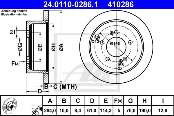 ATE Bremsesæt, skivebremser sg00000cut bagaksel fuld 284mm 26mm for HYUNDAI KIA