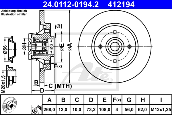 ATE Bremsesæt, skivebremser sg00000cxi bagaksel fuld 268mm 12mm for CITROËN PEUGEOT