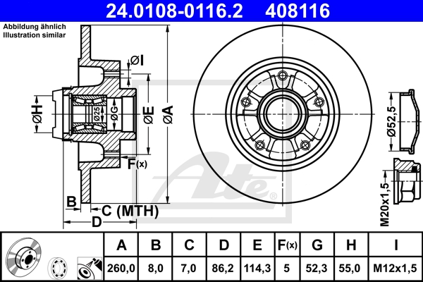 ATE Bremsesæt, skivebremser sg00000d37 foraksel fuld 260mm 8mm for PEUGEOT CITROËN RENAULT