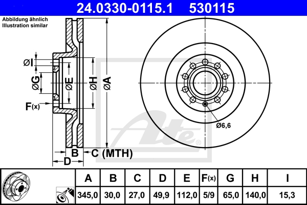 ATE Bremsesæt, skivebremser sg00000d3g bagaksel fuld 253mm 30mm for PEUGEOT CITROËN SEAT VAG SKODA