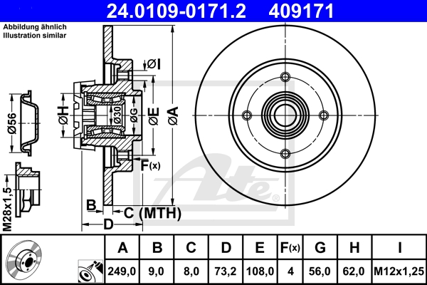 ATE Bremsesæt, skivebremser sg00000d5e bagaksel fuld 249mm 9mm for PEUGEOT CITROËN RENAULT OPEL