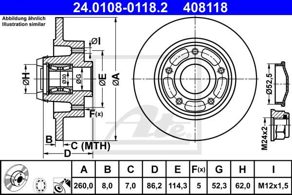 ATE Bremsesæt, skivebremser sg00000d7o foraksel fuld 260mm 8mm for PEUGEOT CITROËN RENAULT