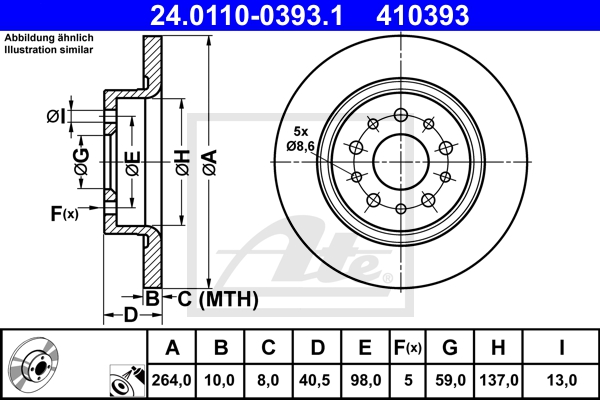 ATE Bremsesæt, skivebremser sg00000d95 bagaksel fuld 264mm 22mm for OPEL FIAT