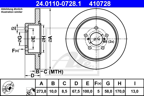 ATE Bremsesæt, skivebremser sg00000d9x bagaksel fuld 273mm 10mm for SUBARU