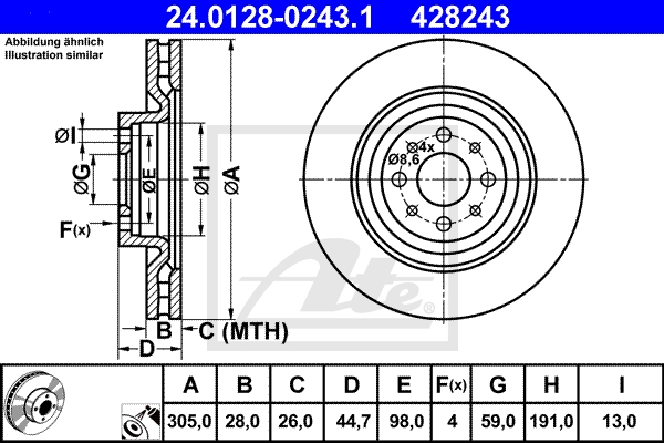 ATE Bremsesæt, skivebremser sg00000de5 bagaksel fuld 251mm 10mm for VAUXHALL FIAT OPEL