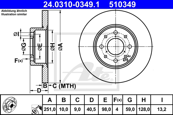 ATE Bremsesæt, skivebremser sg00000dih foraksel fuld 251mm 10mm for PEUGEOT CITROËN FIAT