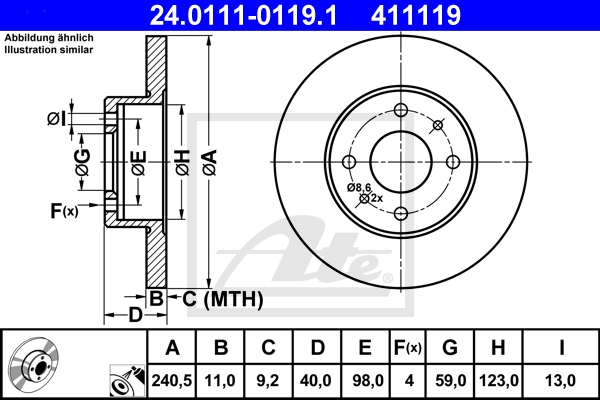 ATE Bremsesæt, skivebremser sg00000div bagaksel fuld 240mm 11mm for PEUGEOT CITROËN FORD FIAT