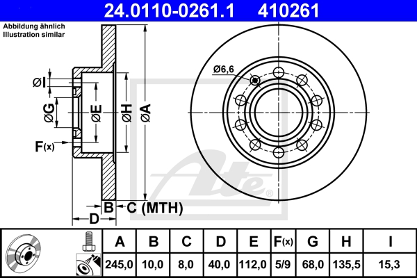 ATE Bremsesæt, skivebremser sg00000djp foraksel fuld 245mm 10mm for SEAT VAG SKODA