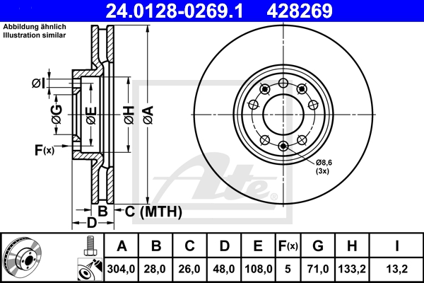 ATE Bremsesæt, skivebremser sg00000dk0 foraksel fuld 304mm 12mm for PEUGEOT OPEL