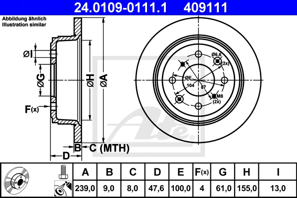 ATE Bremsesæt, skivebremser sg00000dow bagaksel fuld 239mm 21mm for HONDA