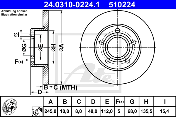 ATE Bremsesæt, skivebremser sg00000dp7 foraksel fuld 245mm 25mm for PEUGEOT CITROËN VAG SKODA SEAT