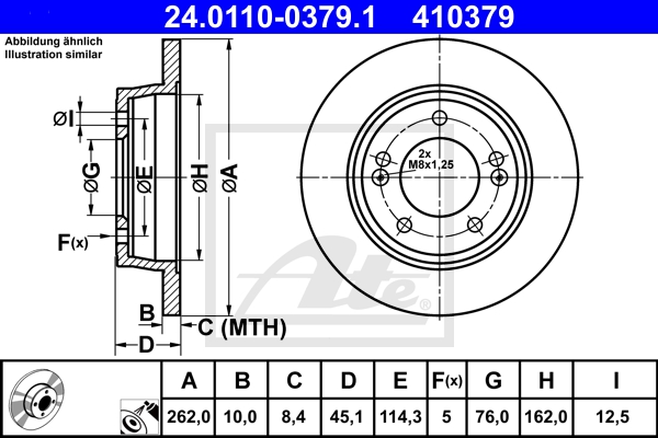 ATE Bremsesæt, skivebremser sg00000dqe bagaksel fuld 262mm 10mm for KIA HYUNDAI