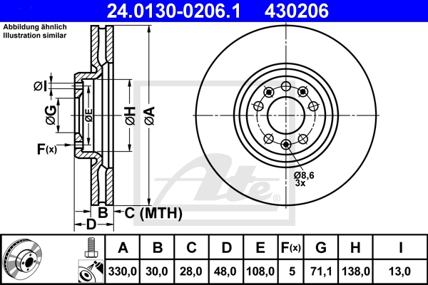 ATE Bremsesæt, skivebremser sg00000e12 bagaksel ventileret 330mm 30mm for CITROËN PEUGEOT