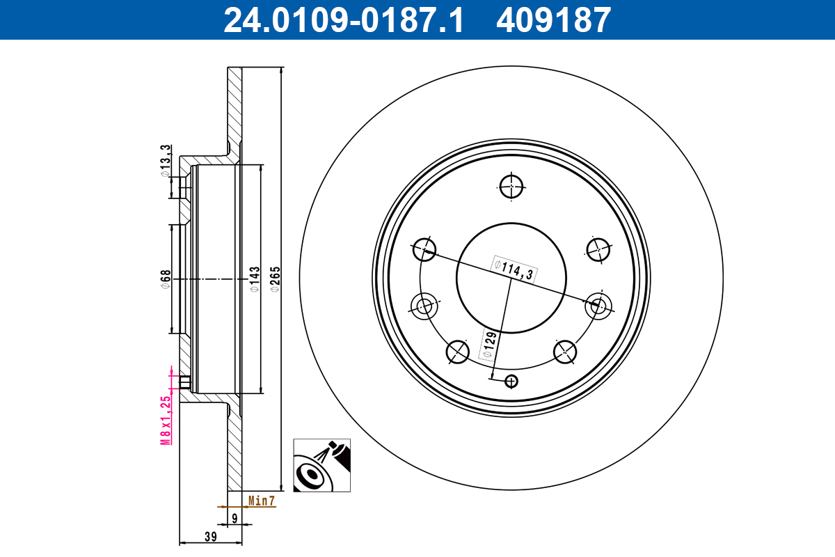 ATE Bremseskive 24010901871 fuld 265mm 9mm for MAZDA