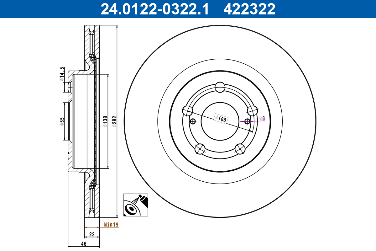 ATE Bremseskive 24012203221 ventileret 282mm 22mm for MAZDA TOYOTA