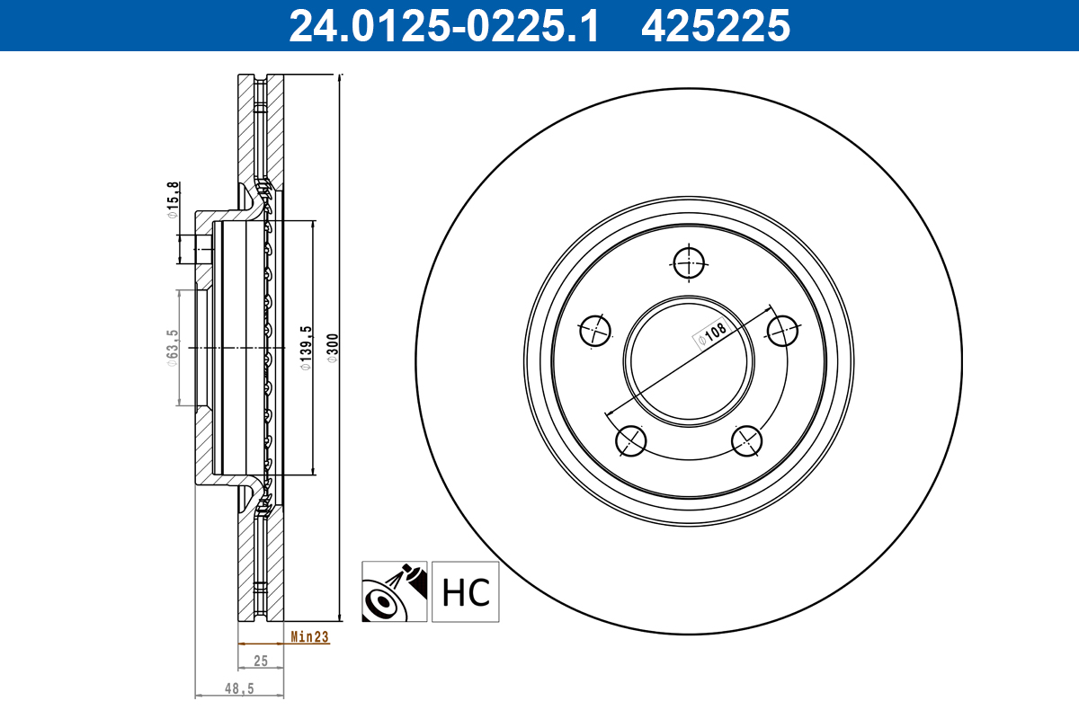 ATE Bremseskive 24012502251 ventileret 300mm 25mm for FORD