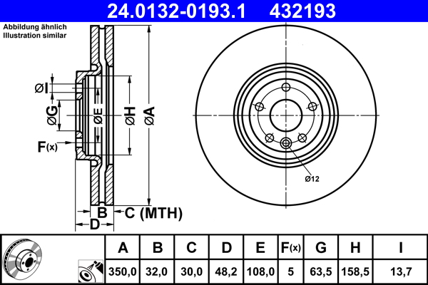 ATE Bremseskive 24013201931 ventileret 350mm 32mm for JAGUAR