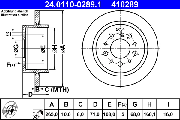 ATE Bremseskive 24011002891 fuld 265mm 10mm for VOLVO