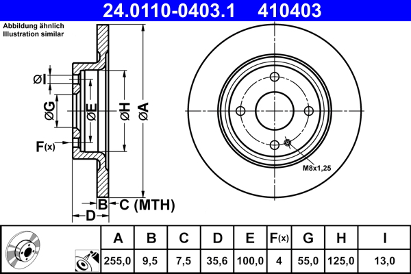 ATE Bremseskive 24011004031 fuld 255mm 10mm for MAZDA