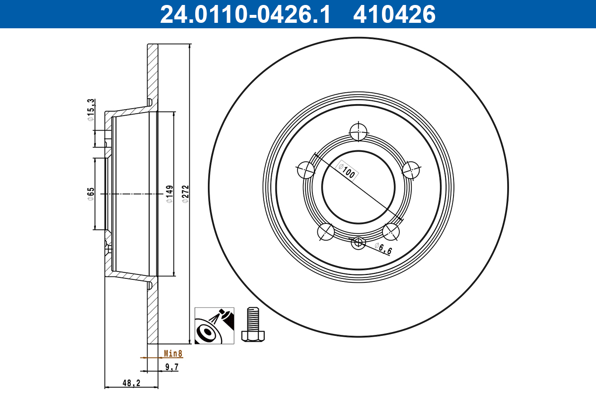 ATE Bremseskive 24011004261 fuld 272mm 9,7mm for VAG