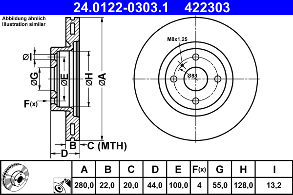 ATE Bremseskive 24012203031 ventileret 280mm 22mm for FIAT