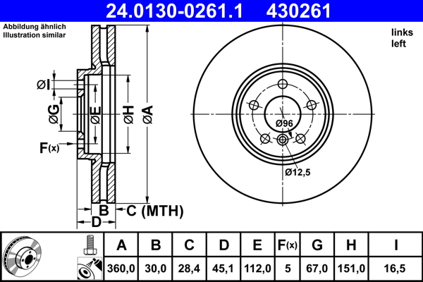 ATE Bremseskive 24.0130-0261.1 ventileret 360mm 30mm for BMW