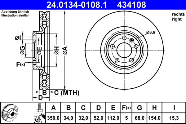 ATE Bremseskive 24013401081 ventileret 350mm 34mm for PORSCHE