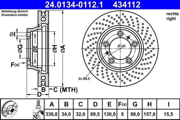 ATE Bremseskive 24013401121 perforeret/ventileret 330mm 34mm for PORSCHE