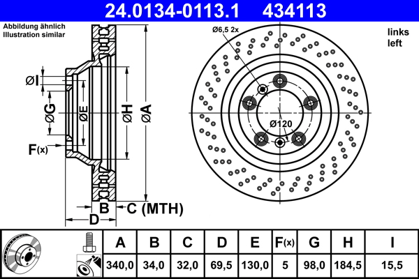 ATE Bremseskive 24013401131 perforeret 340mm 34mm for PORSCHE